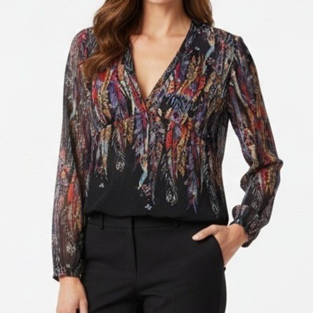 Chico's Womens Blouse Silk Feather Print Boho Casual Size 1